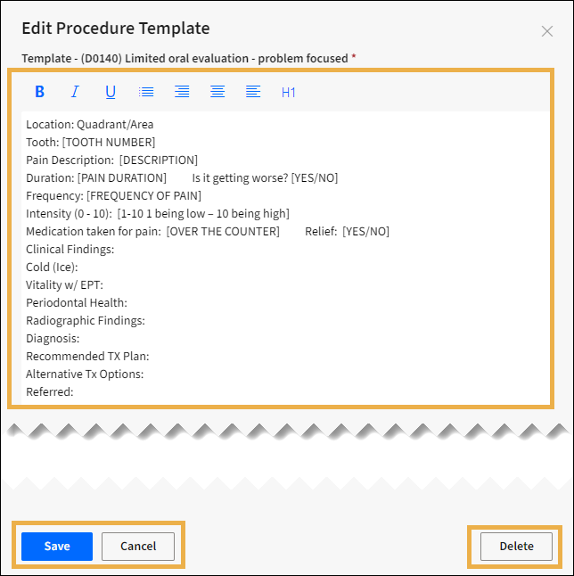 Edit Procedure Template with yellow highlight boxes around the description textbox, Save, Cancel, and Delete buttons.